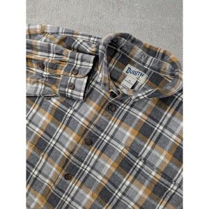 Duluth Trading Co Mens XL Relaxed Fit Gray Tan White Plaid Flannel Shirt Cotton